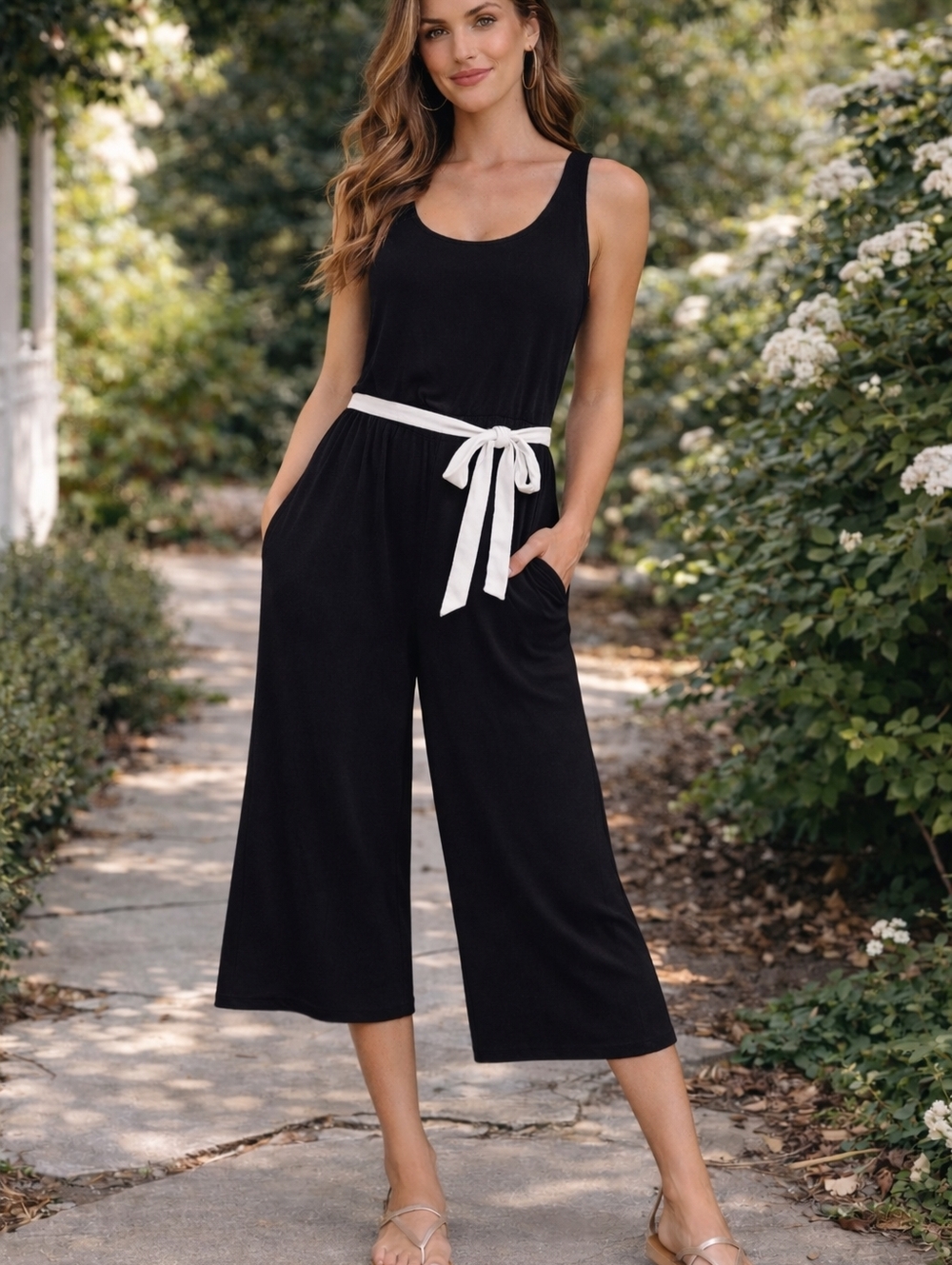 Soma Black Wide Leg Cropped Jumpsuit  Pockets Tie Waist Stretch Casual Travel S